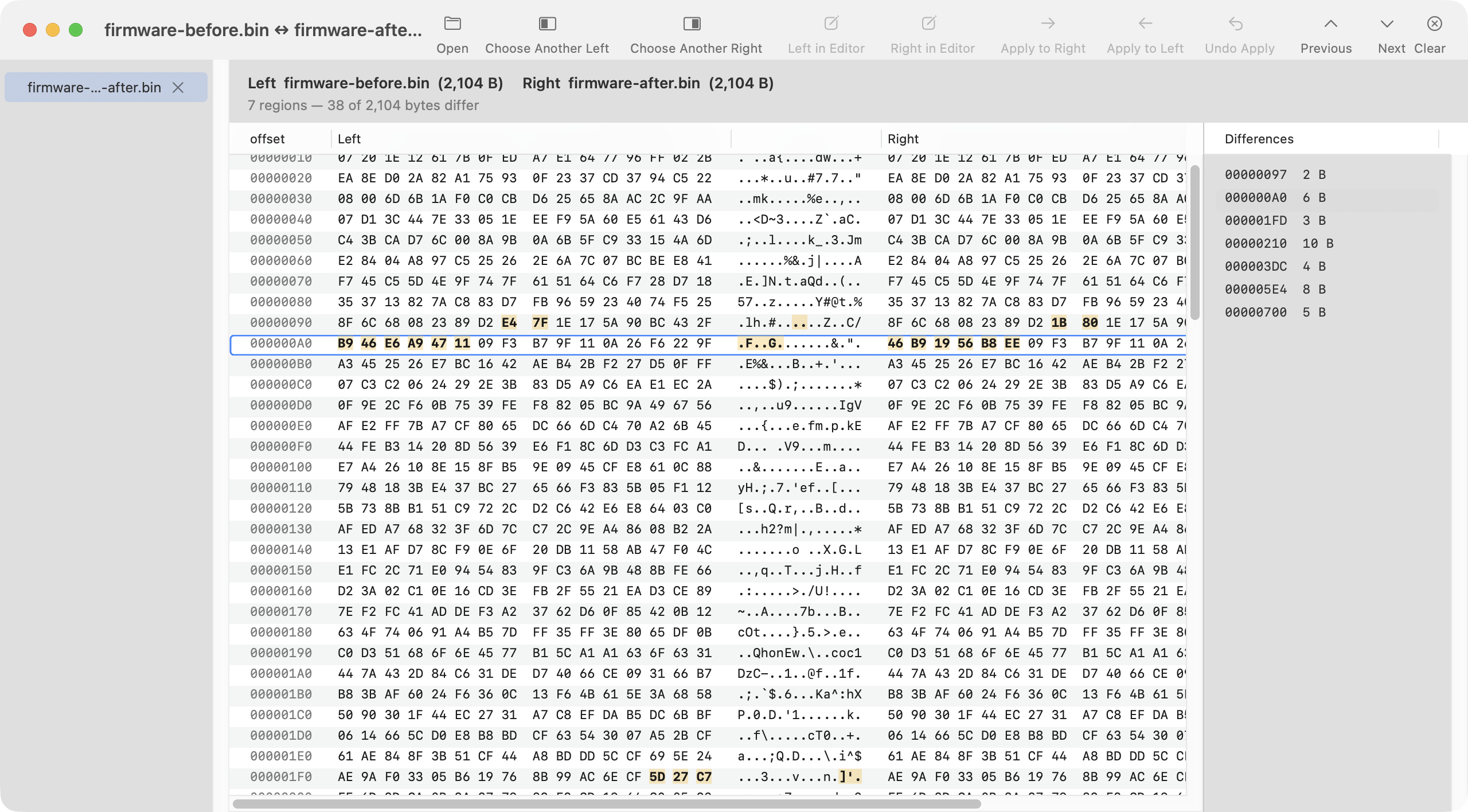 MrkDiff Hex comparing two binary files in hex, changed bytes highlighted, with a difference list on the right
