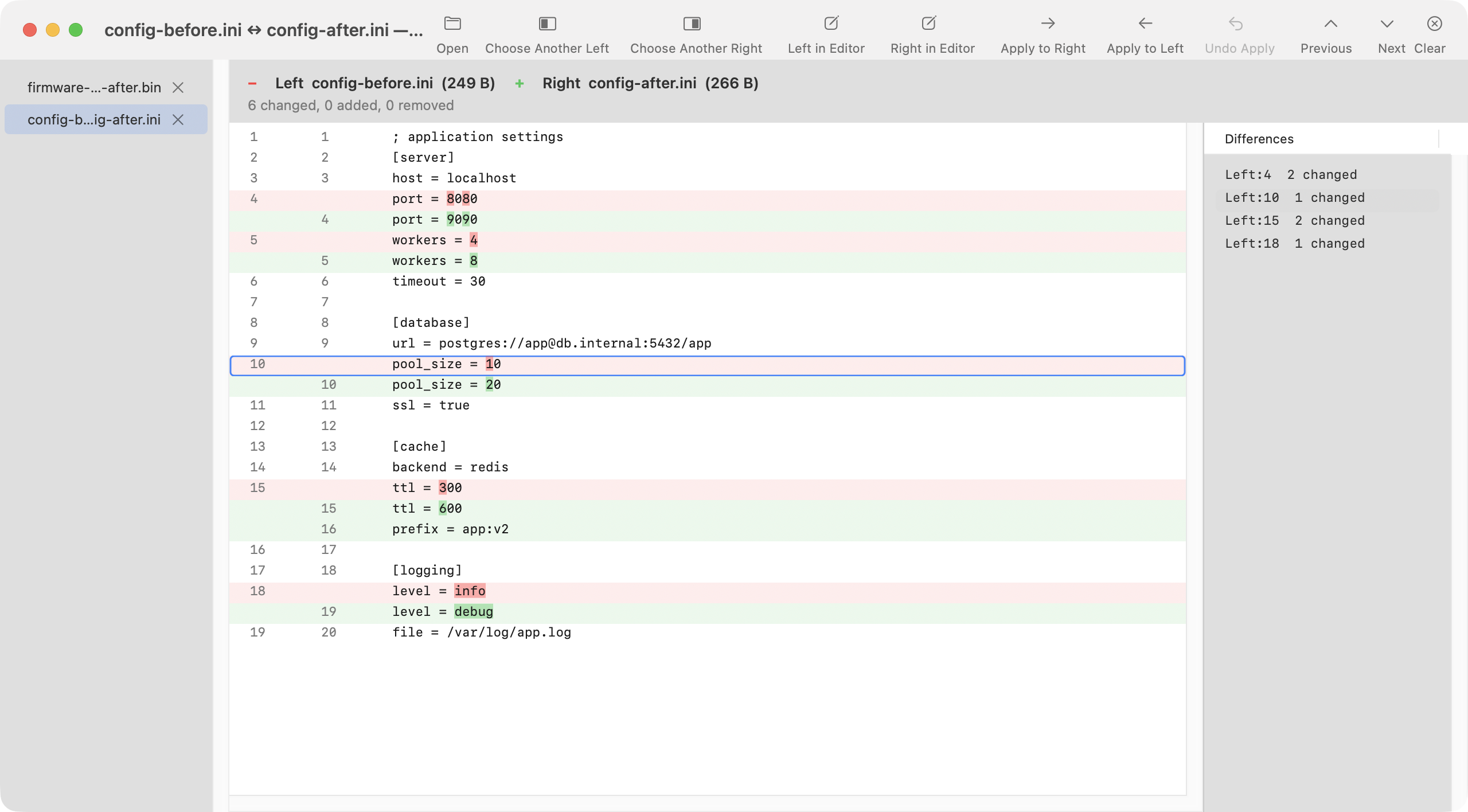 Two config files compared as text, with changed lines and the changed characters inside them highlighted