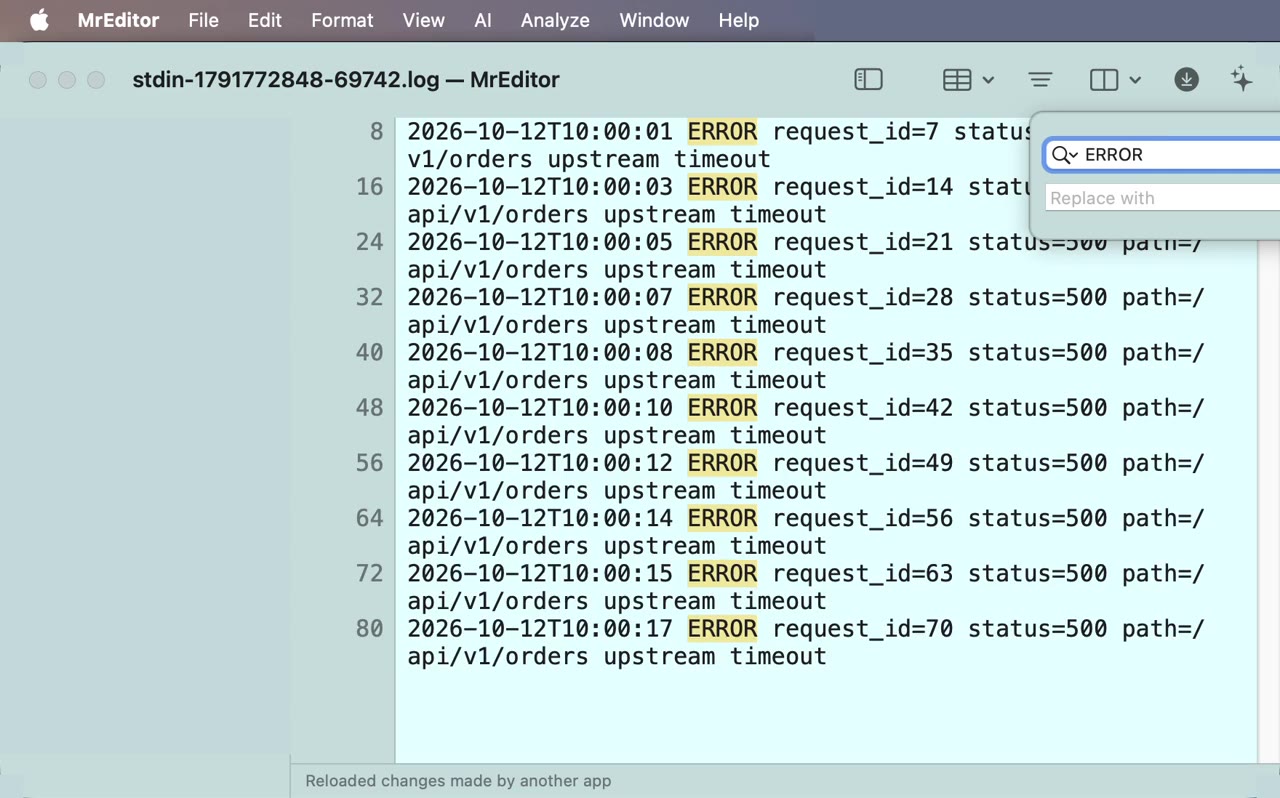 A log piped in from the terminal, narrowed to ERROR while it keeps following