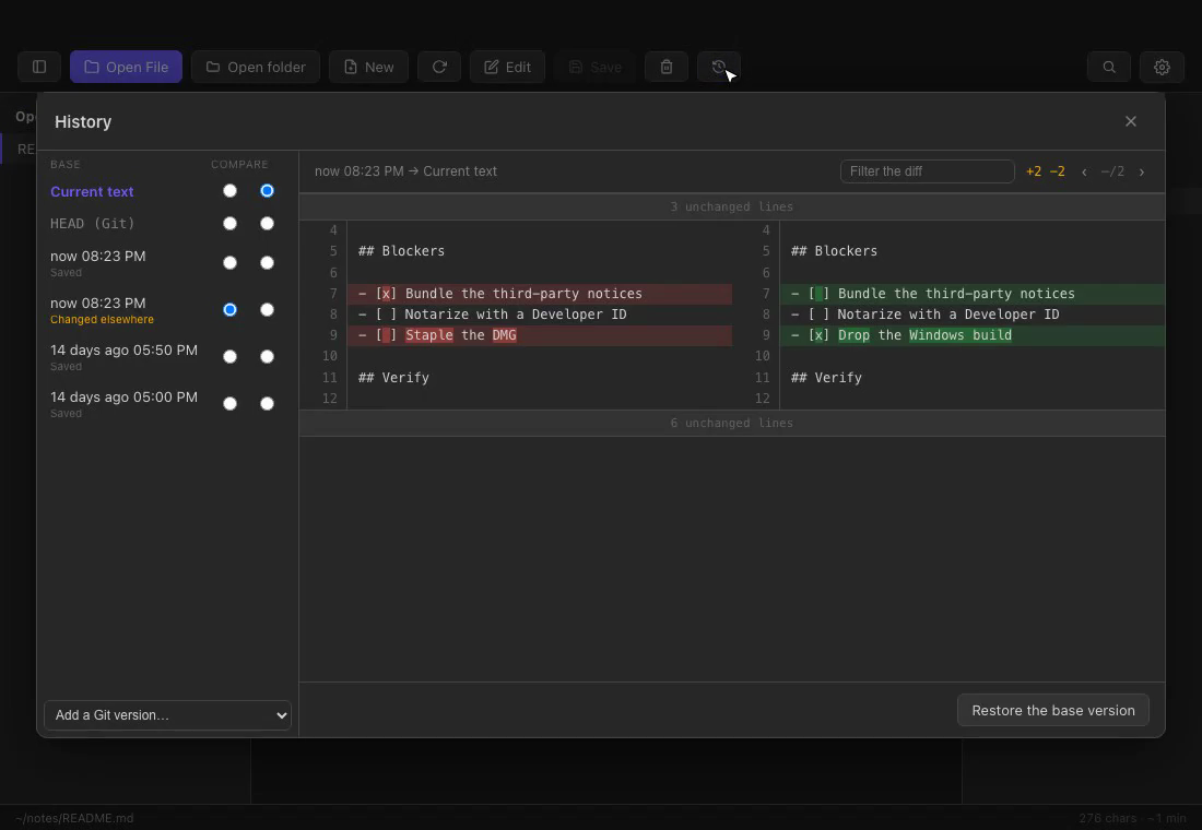 The History panel comparing a version from 14 days ago with the current text, with HEAD (Git) in the same list