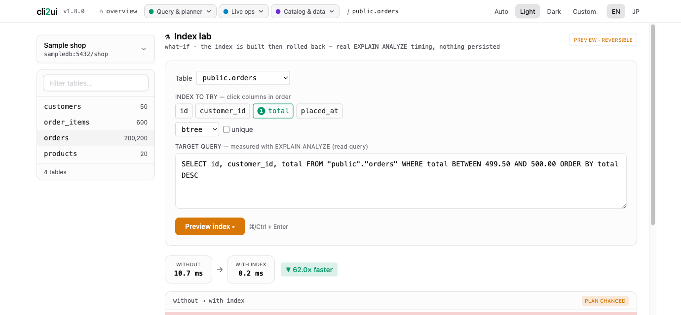 EXPLAIN ANALYZE before and after an index, showing 7.1x faster