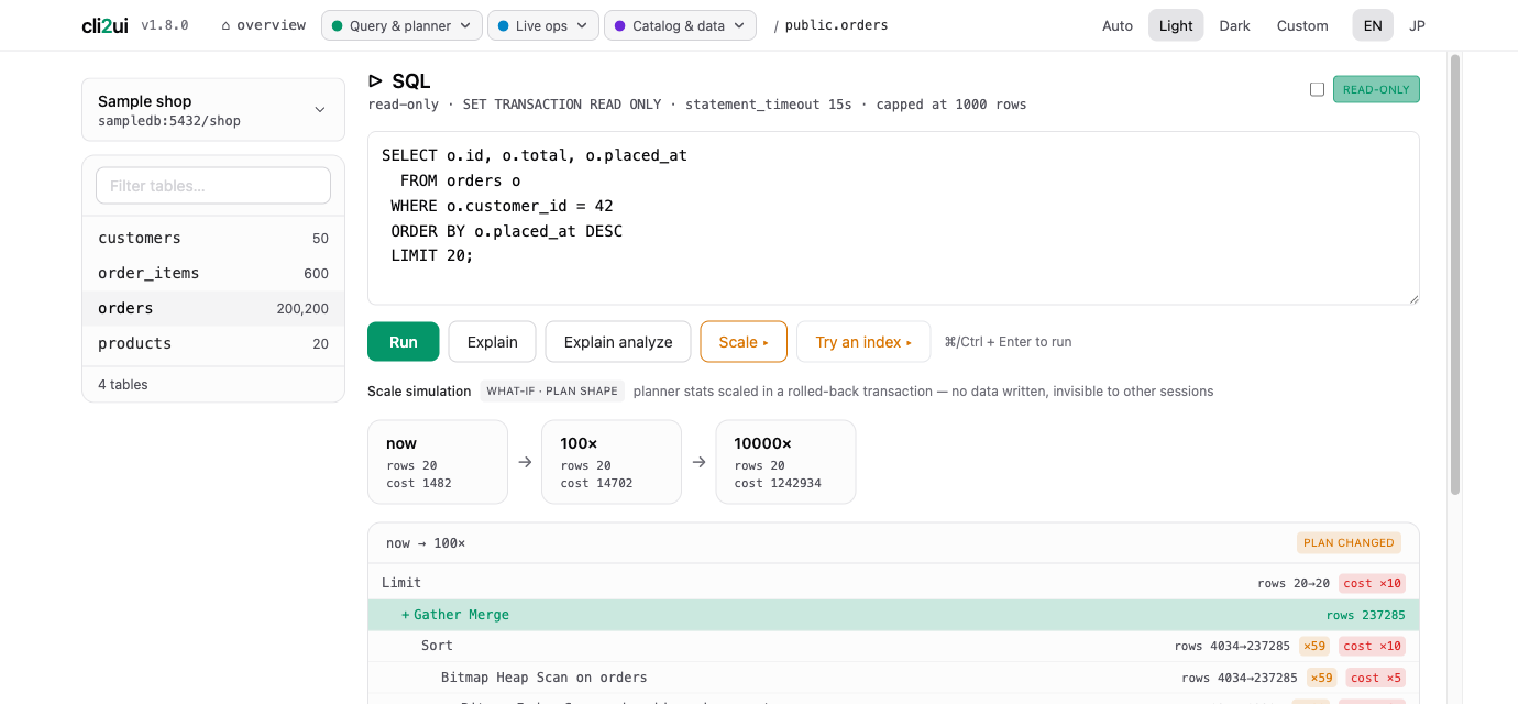 How the plan changes at 100× and 10000× the rows