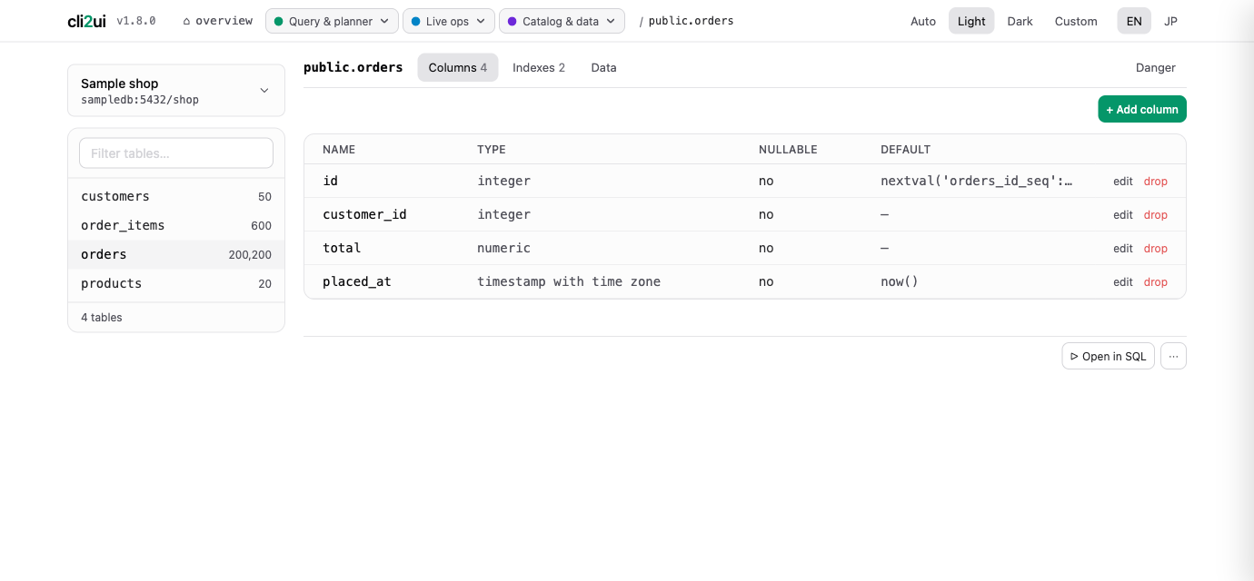 Table detail with a row preview and filter, plus one-click actions