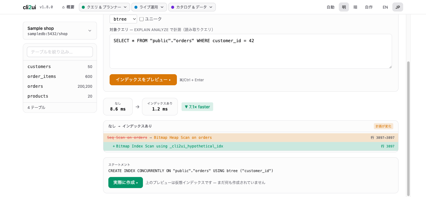 インデックスの前後でEXPLAIN ANALYZEを比べ、7.1倍速いと出た画面