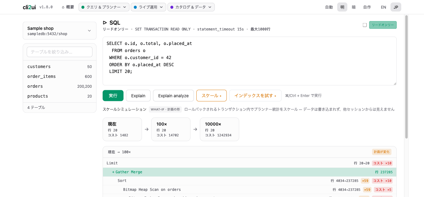 行数を100倍・10000倍にしたときの実行計画の変化